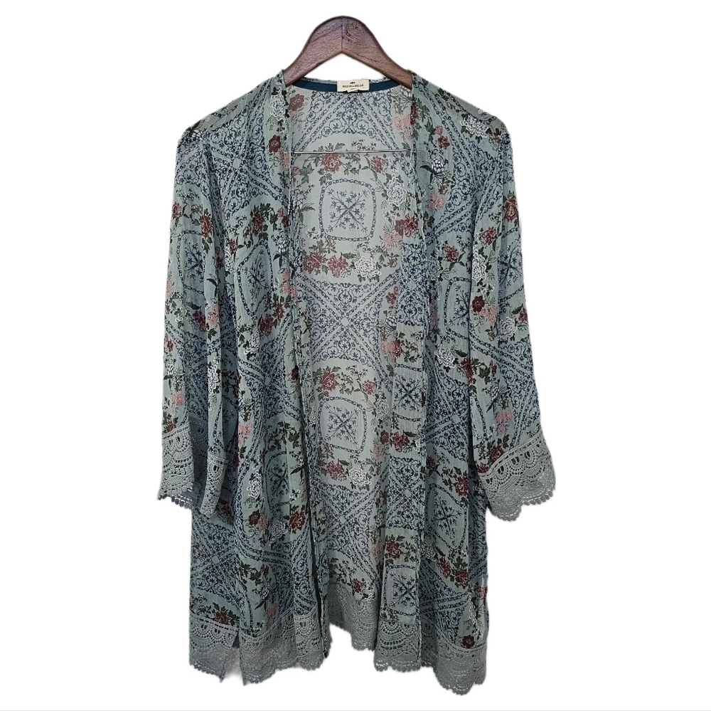 bohemian floral kimono crochet trim open front multicolor size XL